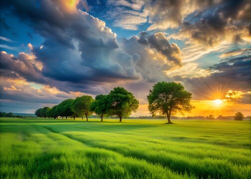Serene landscape of a green field under a cloudy sky during sunset with trees lining the horizon