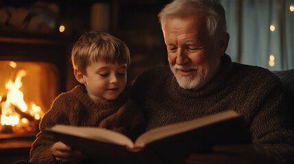 Family Reading by the Fireplace – Grandfather and Grandson reading a book in a warm atmosphere