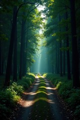 Obraz premium Dark shadowed forest path, winding road disappearing into dense trees , creepy, journey, travel