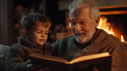 Family Reading by the Fireplace – Grandfather and Grandson reading a book in a warm atmosphere