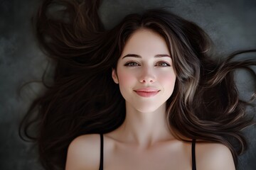 Naklejka premium A photo of the face and shoulders from above, a beautiful woman with long brown hair smiling at the camera, laying on her back