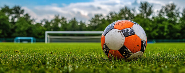 Worn Soccer Ball on Green Grass Field Near Goal