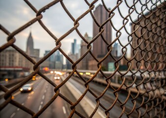 Fototapeta premium Close up view of a metallic chain link fence with a blurred background showcasing urban scenery