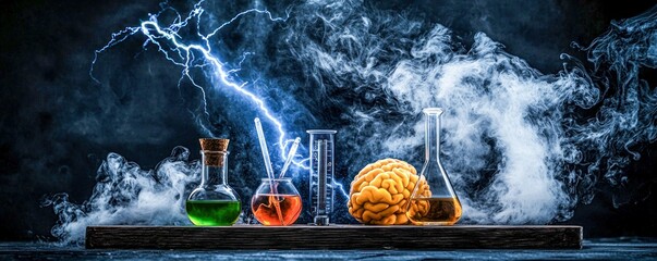 Frankenstein-Inspired Props with Lightning Bolts, Test Tubes, and Brain Jars
