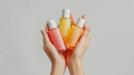 A pair of female hands delicately hold a collection of cosmetic bottles against a neutral gray backdrop, each bottle showcasing a different hue and texture, promising an array of beauty and self-care