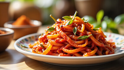 Colorful artisanal Harissa sauce on patterned plate, vibrant cuisine