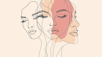 A collection of stylized female faces, rendered in modern, minimalist single-line art, capturing the essence of femininity and beauty through bold lines and subtle forms.