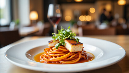 Elegant Harissa dish with seared fish in modern restaurant, gourmet cuisine