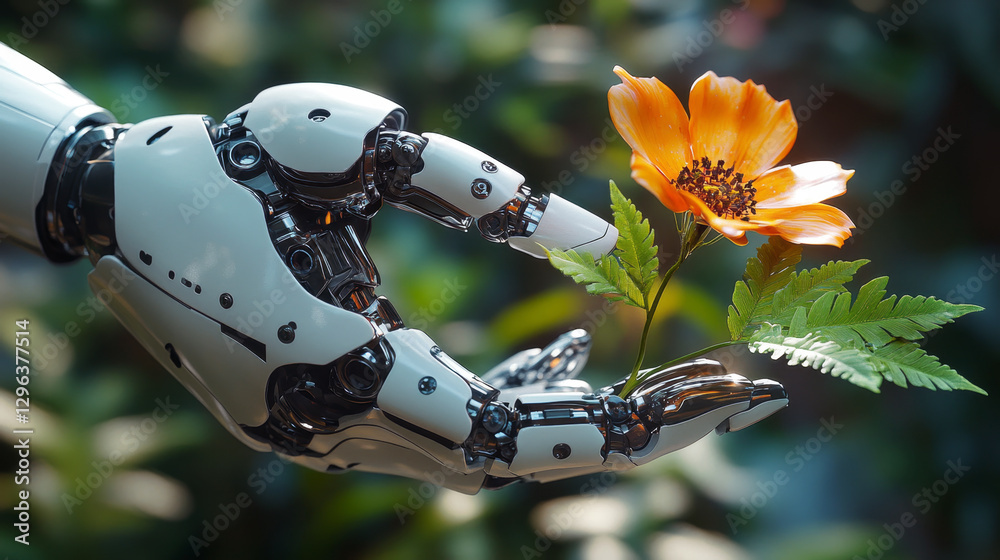 Poster a humanoid robot extends its hand to hold a vibrant flower, illustrating the connection between tech