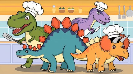 Cute Dinosaurs cooking in a kitchen setting