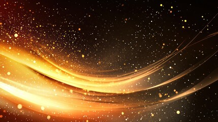 Golden light waves, dark background, sparkling dust, festive design, ideal for celebration