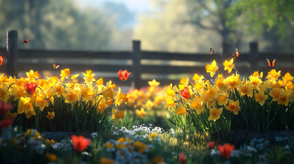 A field of blooming yellow daffodils and tulips bathed in warm morning sunlight, symbolizing the arrival of spring. Gentle breeze moving the flowers