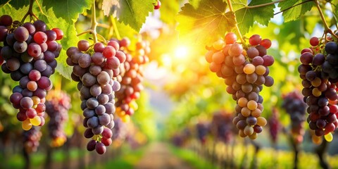 Sunlit Vineyard Harvest Ripe Clusters of Grapes Hanging on Vines at Golden Hour