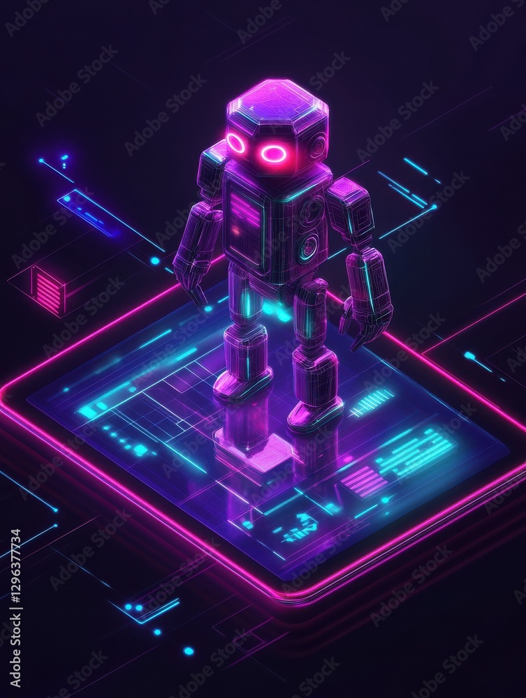 Poster robot on mobile phone or tablet screen. mobile robotics and chat bot, robotics startup, robotics cou