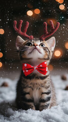 Fototapeta premium Kitten with reindeer antlers and bow tie in the snow