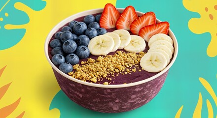 Fototapeta premium Acai Bowl with Bananas, Blueberries, Strawberries, and Granola on a Colorful Background