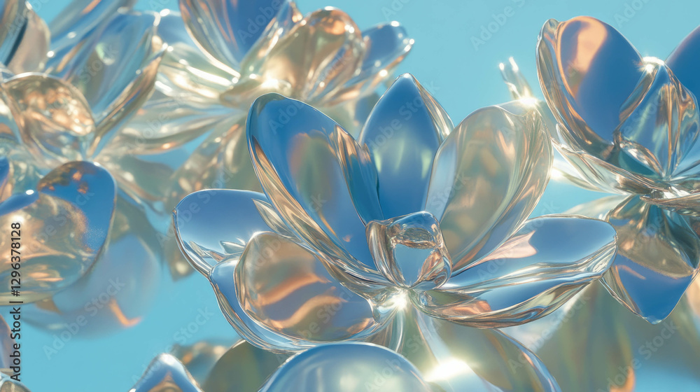 Poster futuristic metallic flower design with sharp edges on a blue background