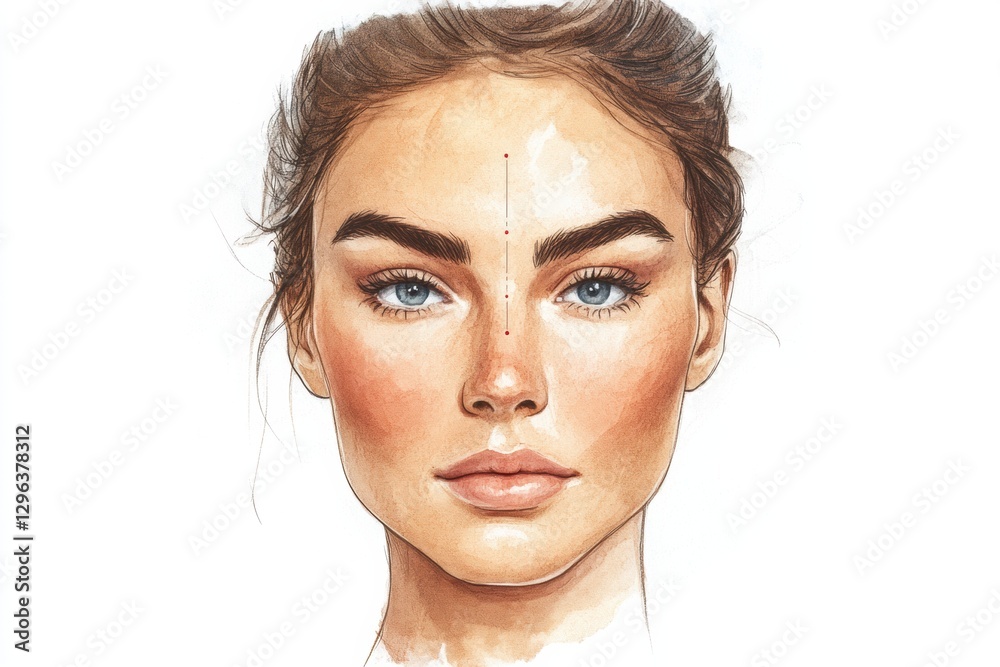 Poster detailed anatomy showing precise botox injection points on female face for cosmetic procedures and f