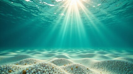 Fototapeta premium Serene Underwater Seascape Sunbeams Illuminating a Sandy Ocean Floor with Textured White Pebbles