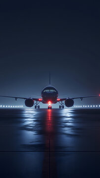 A commercial airplane on the runway at night
