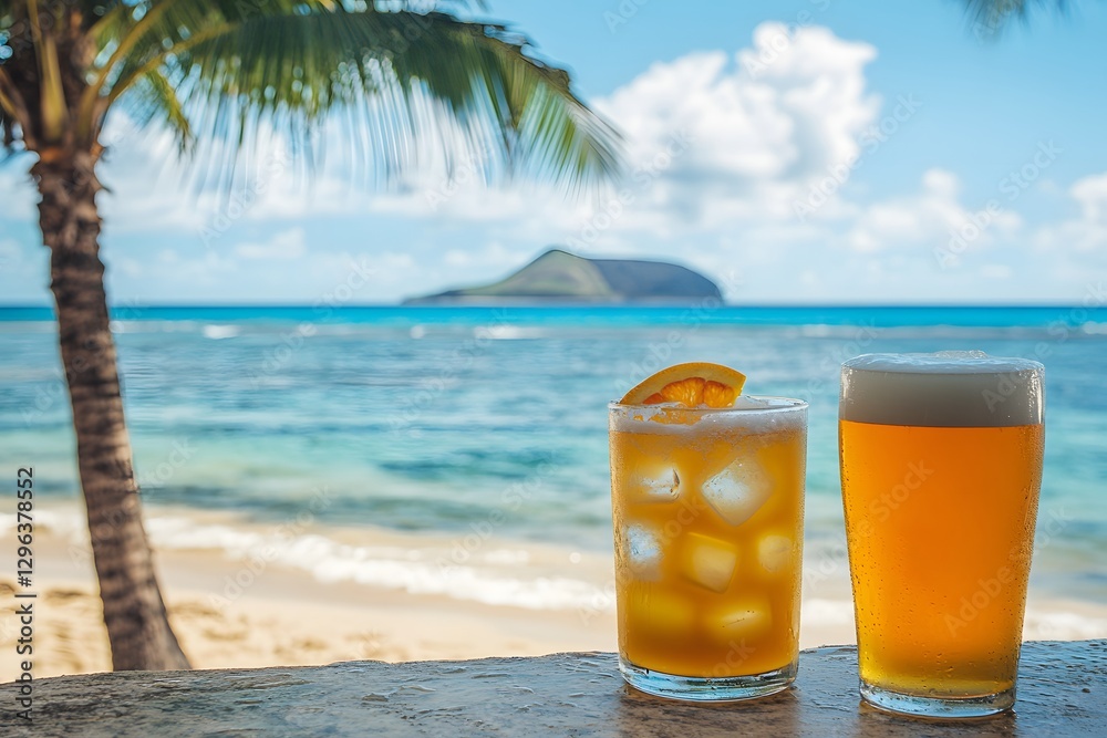 Wall mural two drinks on the beach, one with orange juice and ice cubes in it and another with beer. the backgr