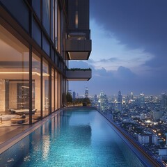 a luxury residential building in Bangkok, its swimming pool overlooking the sprawling city skyline