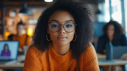 A diverse group of students attending an online class, multiple faces on a video call screen, various workspaces in the background, bright and modern aesthetic, Woman and computer