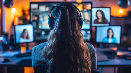 A diverse group of students attending an online class, multiple faces on a video call screen, various workspaces in the background, bright and modern aesthetic, Woman and computer