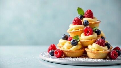 A delightful pyramid of creamy custard tarts, adorned with fresh raspberries and blueberries, sits on a metallic tray, sprinkled with powdered sugar, creating a tempting dessert presentation.