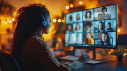 A diverse group of students attending an online class, multiple faces on a video call screen, various workspaces in the background, bright and modern aesthetic, Woman and computer