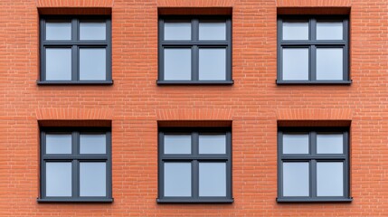 Fototapeta premium Six Black Windows on Red Brick Wall