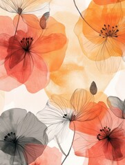Fototapeta premium Abstract spring season floral Background. Warm tone blossom wallpaper design with wild flowers, blooms and leaves. Line art and watercolor texture perfect for banner, prints, wall art, decoration.