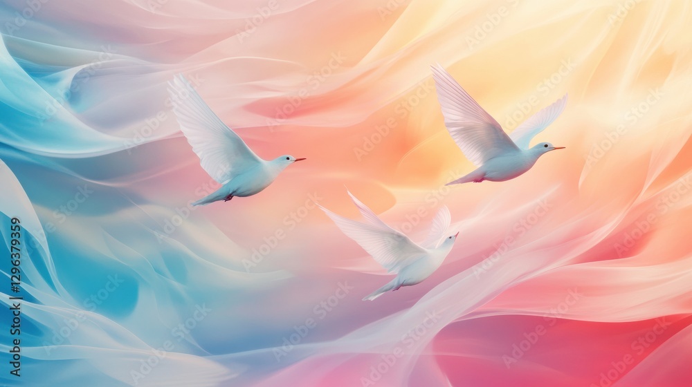 Aufkleber soft pastel hues create a serene backdrop for doves in flight across a dreamy sky landscape. generat