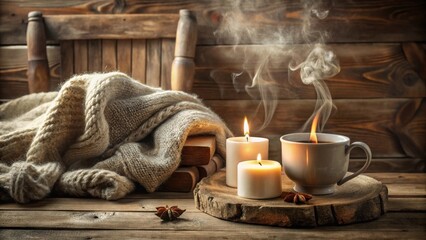 Cozy Autumn Atmosphere Steam Rising from a Warm Drink, Illuminated by Candlelight Beside a Soft Knitted Sweater on Rustic Wood