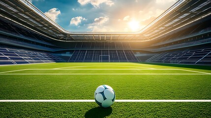 Empty soccer stadium, sunny day, ready for match