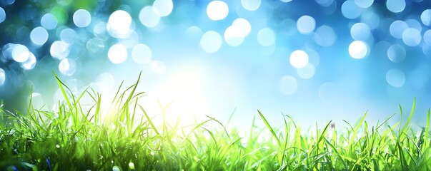 Obraz premium Fresh green grass against a bright bokeh background shines beautifully