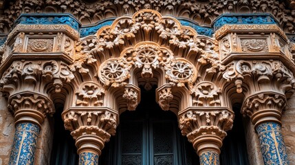 Fototapeta premium Intricate stone archway with detailed carvings and blue tile accents.