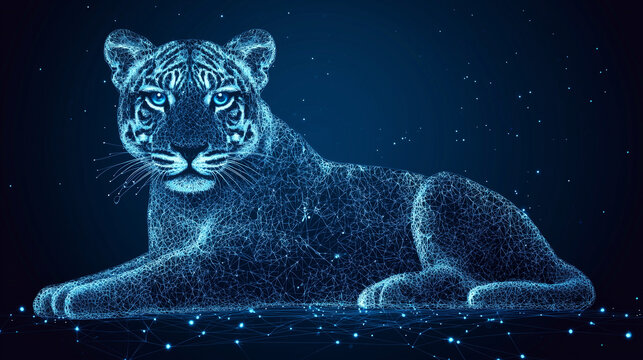 Abstract Digital Art Majestic Tiger in Wireframe Design Futuristic Blue Glow - Powered by Adobe