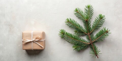A simple gift, elegantly wrapped in kraft paper and tied with a delicate ribbon, rests beside a sprig of fresh evergreen, creating a serene and minimalist winter scene.