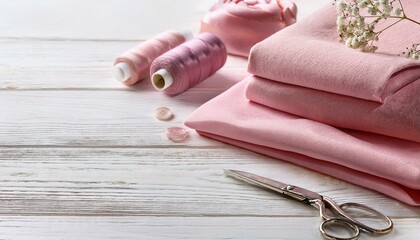 pink natural fabric and sewing tools on the white wooden table