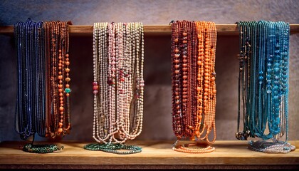 rows of handmade beaded necklaces on wooden shelf jewelry crafting trends diy design artisanal fashion vibrant accessories and hobbyist inspiration