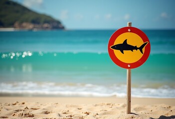 Vibrant Shark Safety: Lifestyle Photography of a Prominent Shark Warning Sign on a Sandy Beach with Calm Waves, Bright Sunlight, and Ample Copy Space for Clear Instructions.

