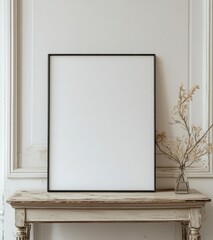Minimalist Frame on Wooden Table with Elegant Floral Decoration