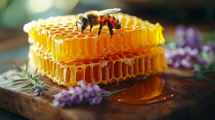 Une abeille pos&eacute;e sur deux rayons de miel de lavande, du miel coulant sur la planche en bois