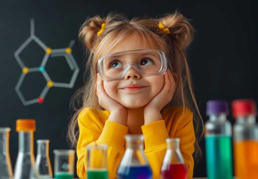 Une petite fille souriante portant un masque de protection fait une exp&eacute;rience de chimie. Devant elle, des flacons contenant des liquides color&eacute;s et derri&egrave;re elle, un tableau avec des mol&eacute;cules