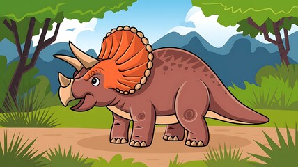 Cute cartoon of triceratops dinosaur in a prehistoric forest landscape
