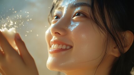 A close-up captures the ethereal beauty of a Japanese woman, her laughter illuminating her face as she meticulously applies a creamy facial cream, her gaze directed away from the camera, creating a