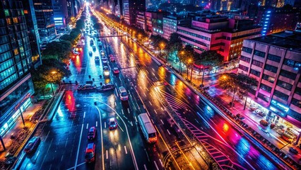 Obraz premium Drone View: Rainy City Streets at Night - Urban Landscape Photography