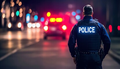 Police Officer Monitoring City Street at Night with Emergency Lights
