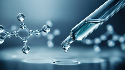 Close-up of CBD oil dropper with scientific molecular structures in the